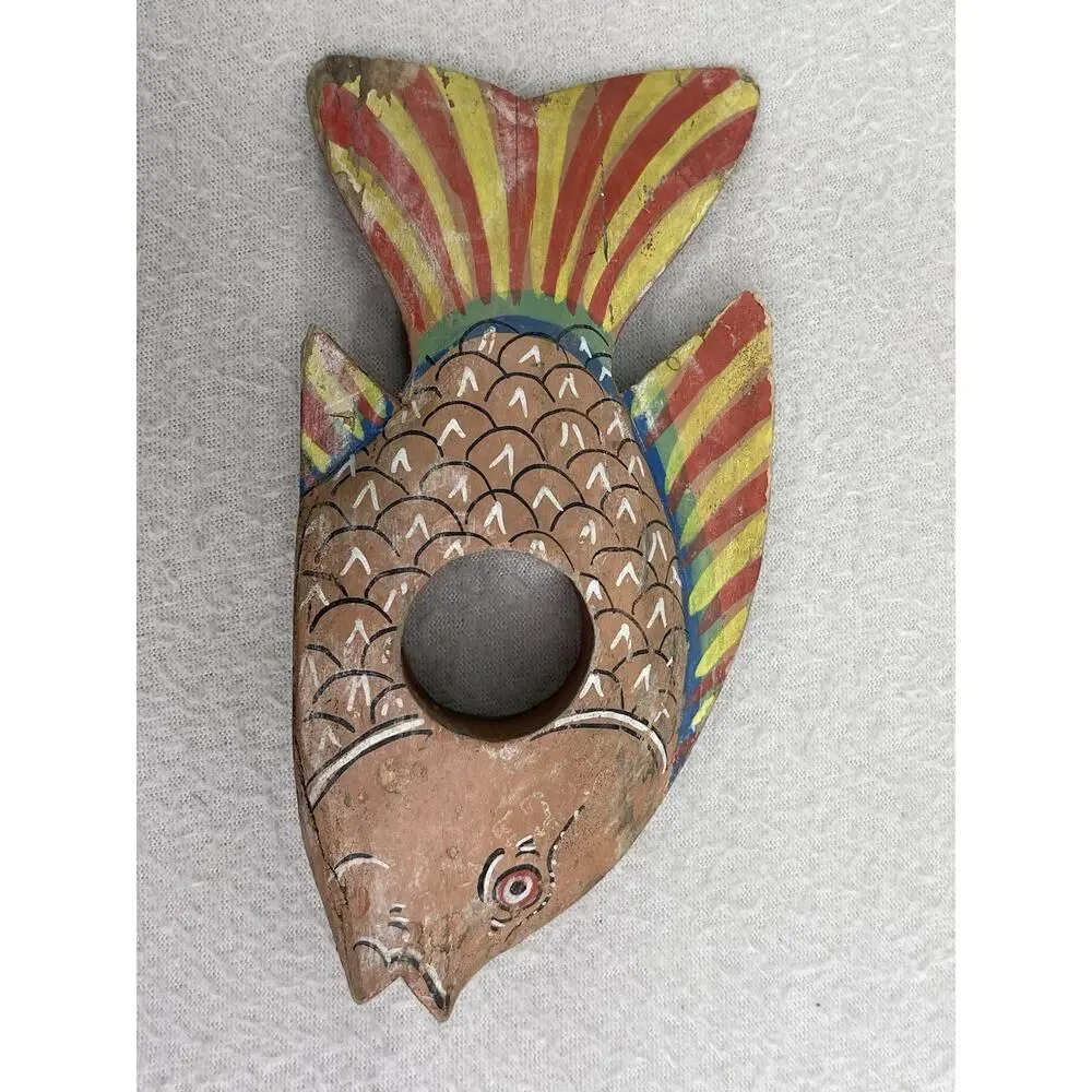 Hand Carved Wood Napkin Rings Set Fish Bird Folk Art Boho Table Decor
